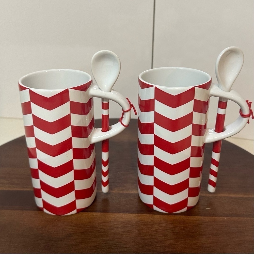 Starbucks Christmas Ceramic Coffee Cup Lot of 2 Red Black Checkered Spoon 2013